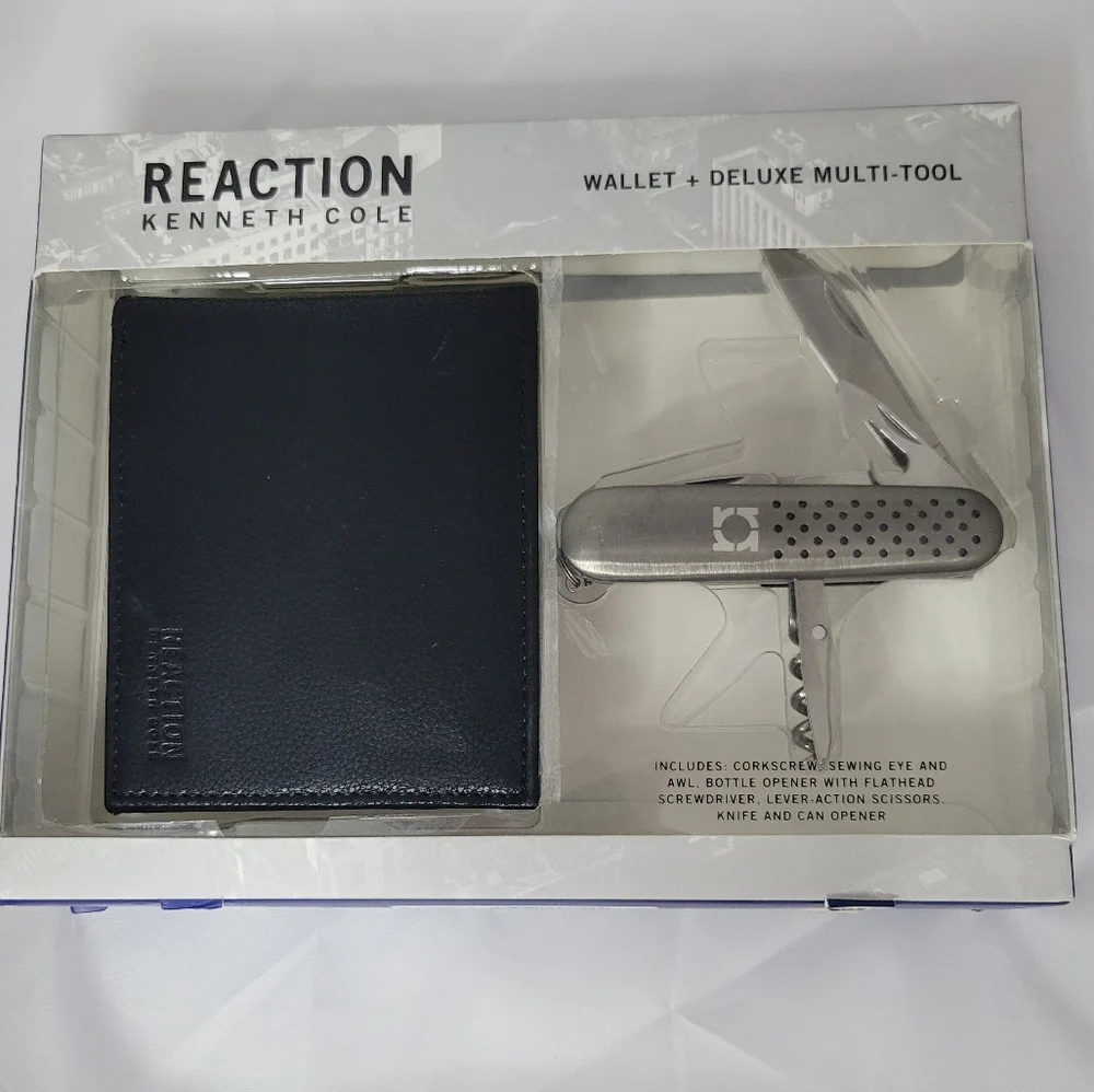 New Reaction Kenneth Cole Black Bifold RFID Security Wallet & Multi Tool
